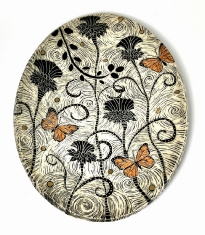 Butterfly's and Thistles with Gold Platter - Sgraffito Ceramics, etching. Gold Luster 16x11.5x1.5