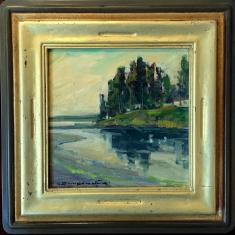 Reflections San Simeon - Oil on Linen Hand Carved Frame 17x17